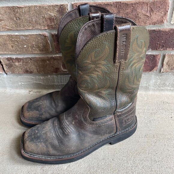 Justin Square Toe Work Cowboy Boots Brown/Green Steel Toe Men’s Sz 9EE Wide